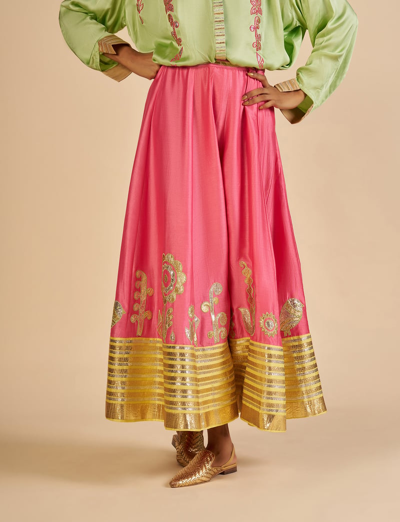 Pink Silk Chanderi Maxi Skirt with Gota Border