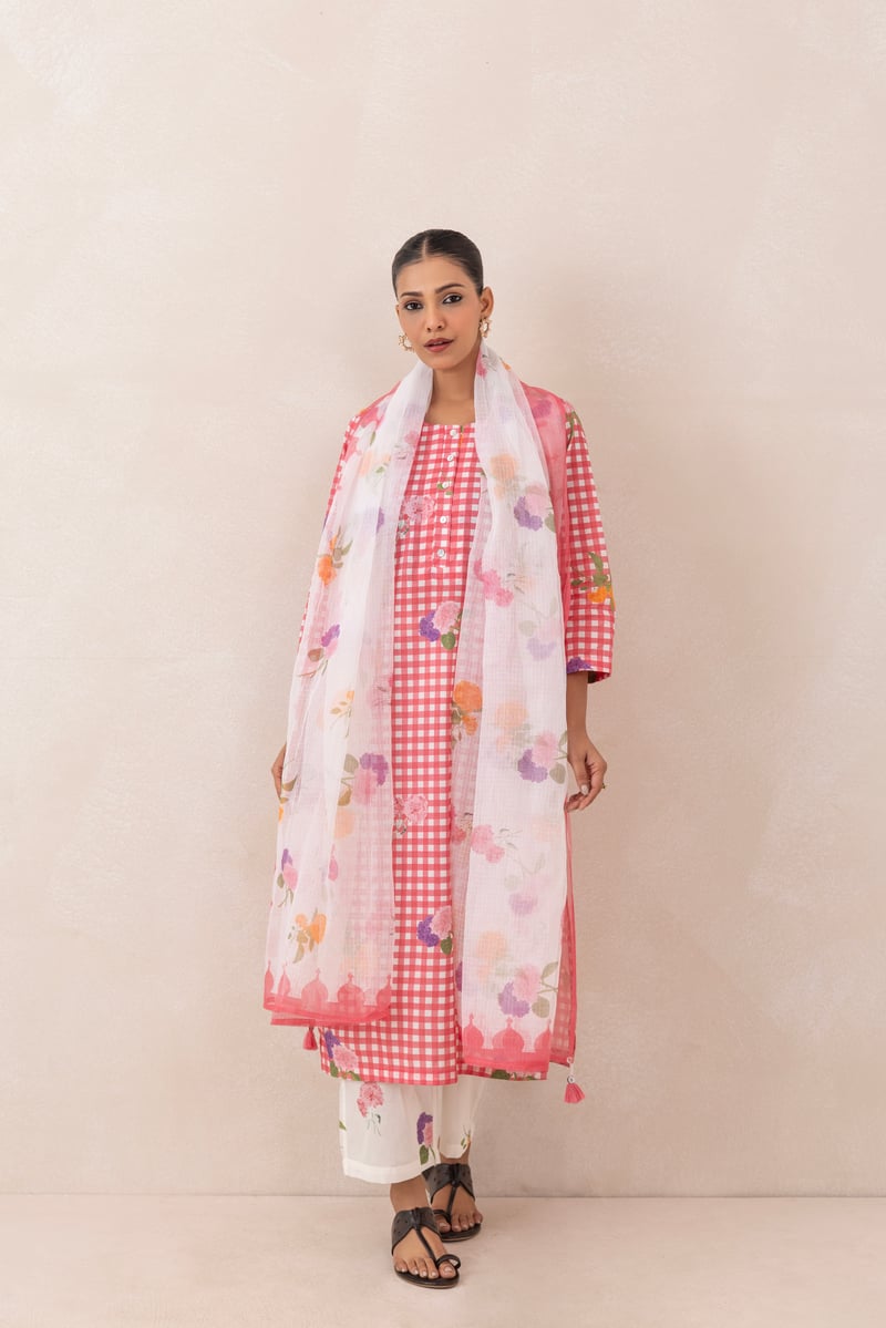 Pink and White Gingham Printed Cotton Kurta Set