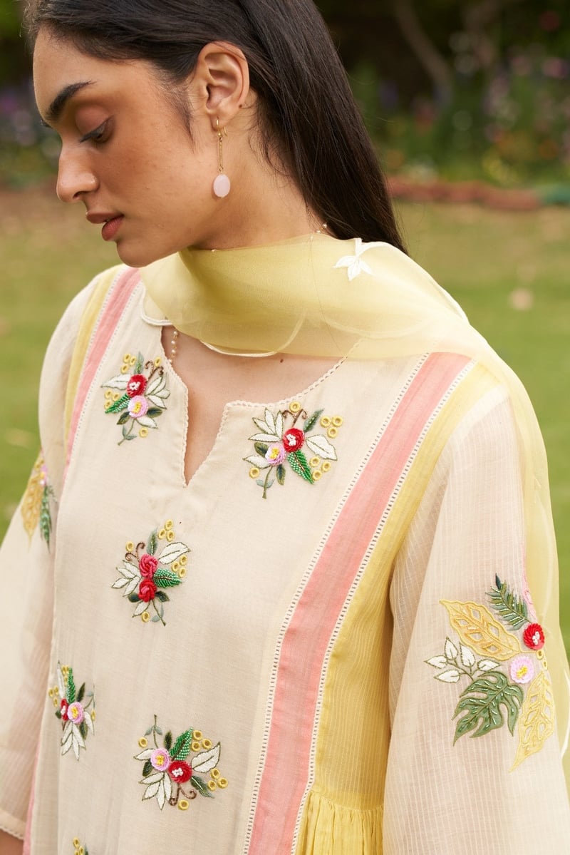 Beige A-Line Embroidered Kurta Set With Organza Dupatta