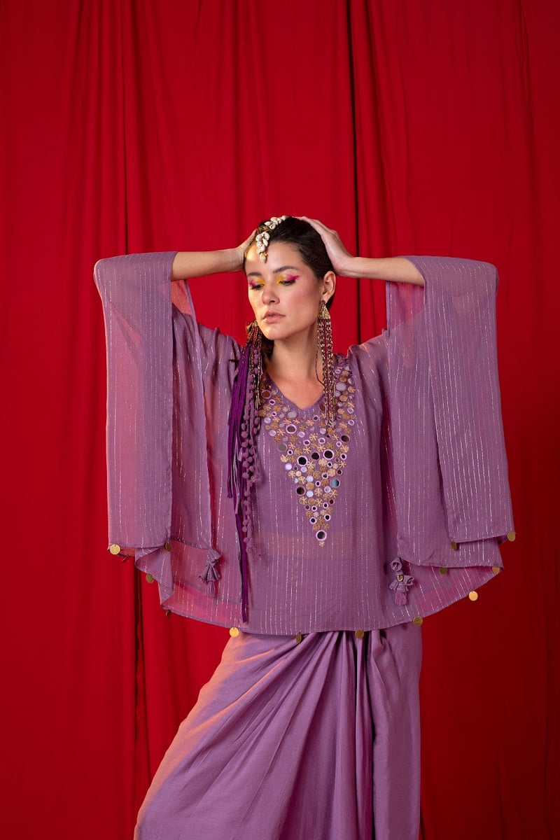 Lavender Shimmer Cape and Draped Maxi Skirt Co-ord Set