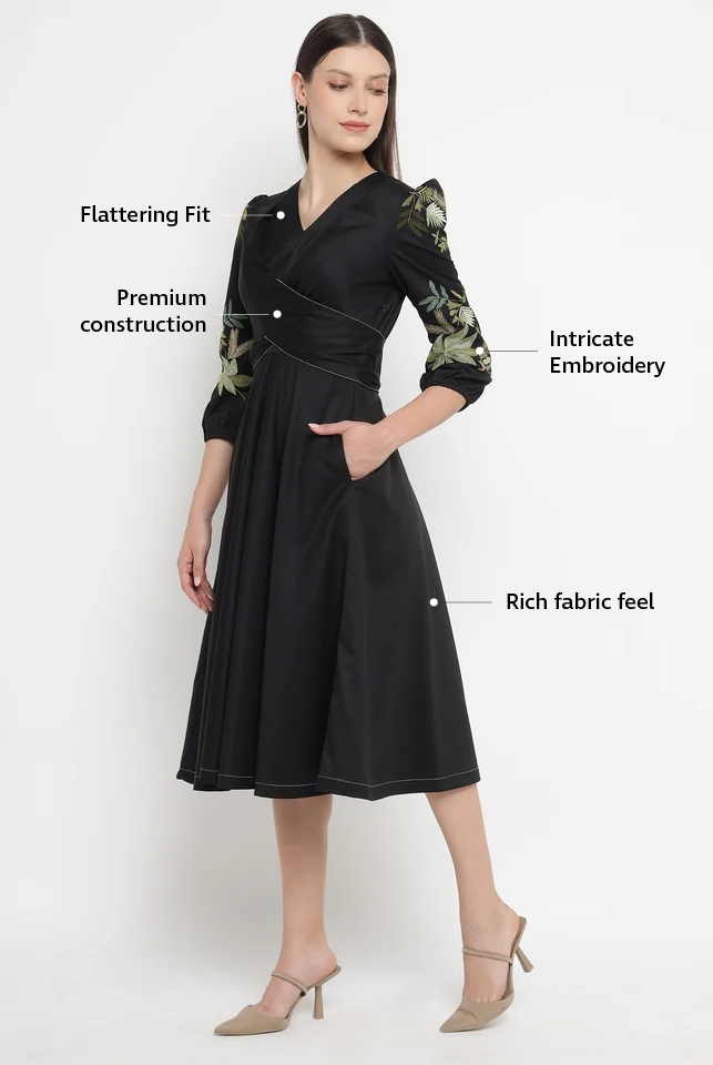 Black Fit and Flare Midi Dress with Embroidered Sleeves