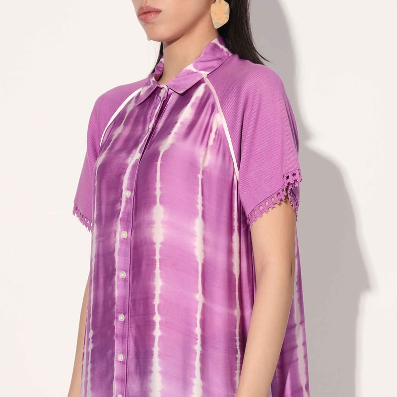 Pink/White Shibori Stripe Satin Midi Shirt Dress