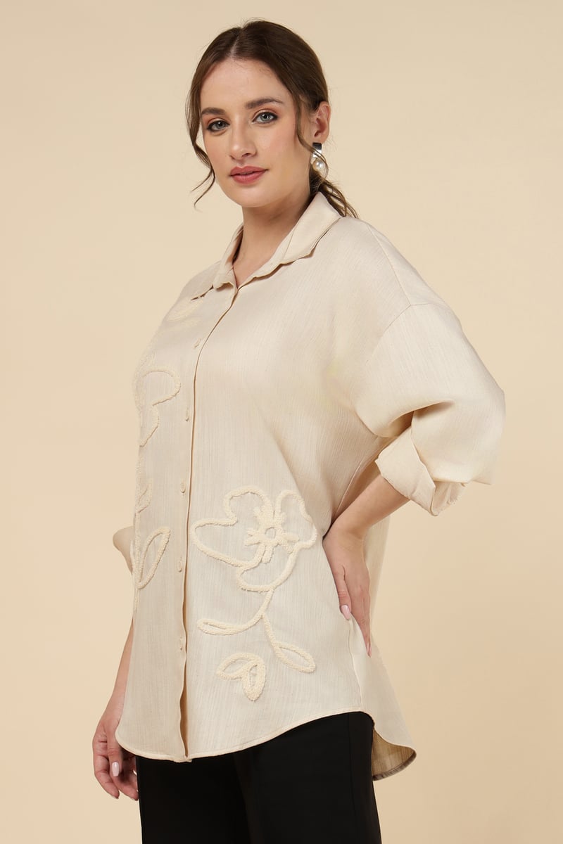 Natural Ivory Tonal Embroidered Button-Down Shirt