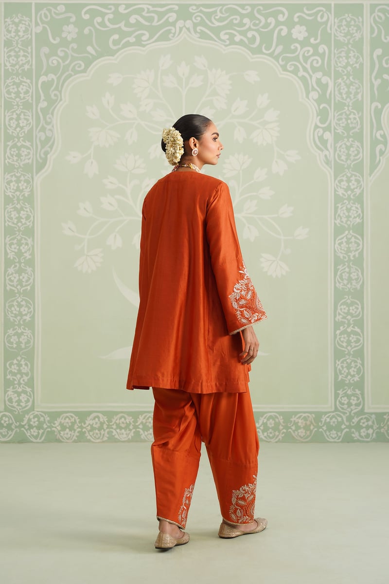Orange Embroidered Chanderi Kurta Set with Salwar