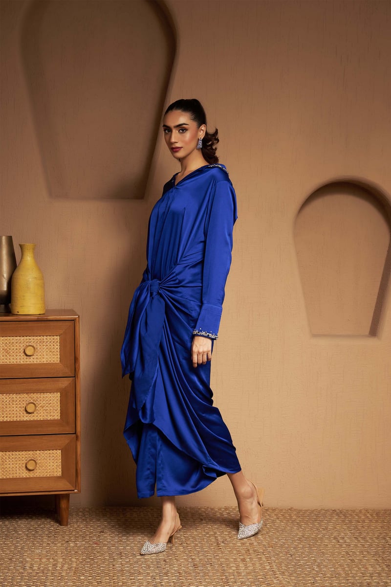 Royal Blue Crepe Satin Wrap Midi Dress with Embellished Collar