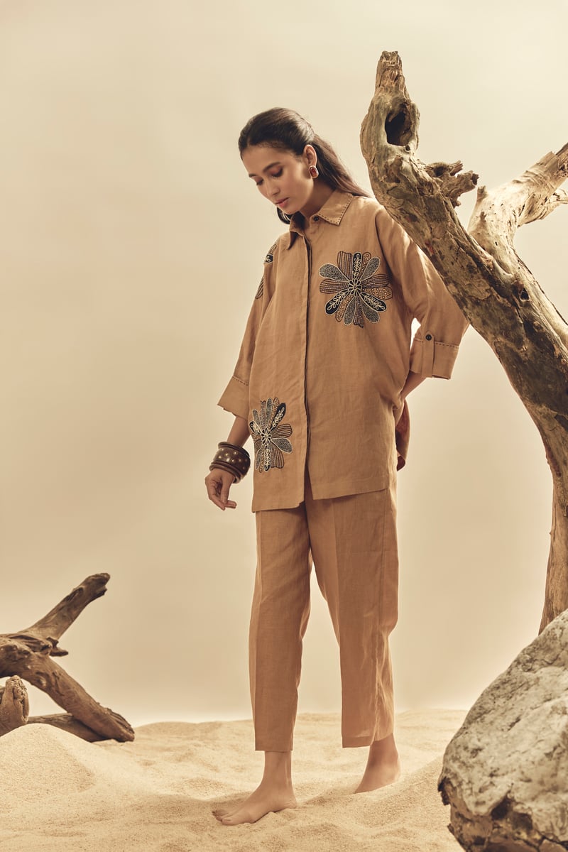 Camel Linen Embroidered Longline Shirt