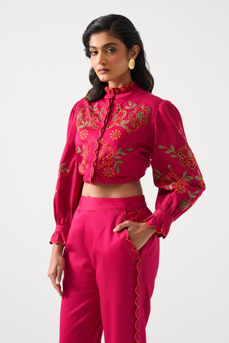 Hot Pink Embroidered Ruffle-Trim Mandarin Collar Shirt