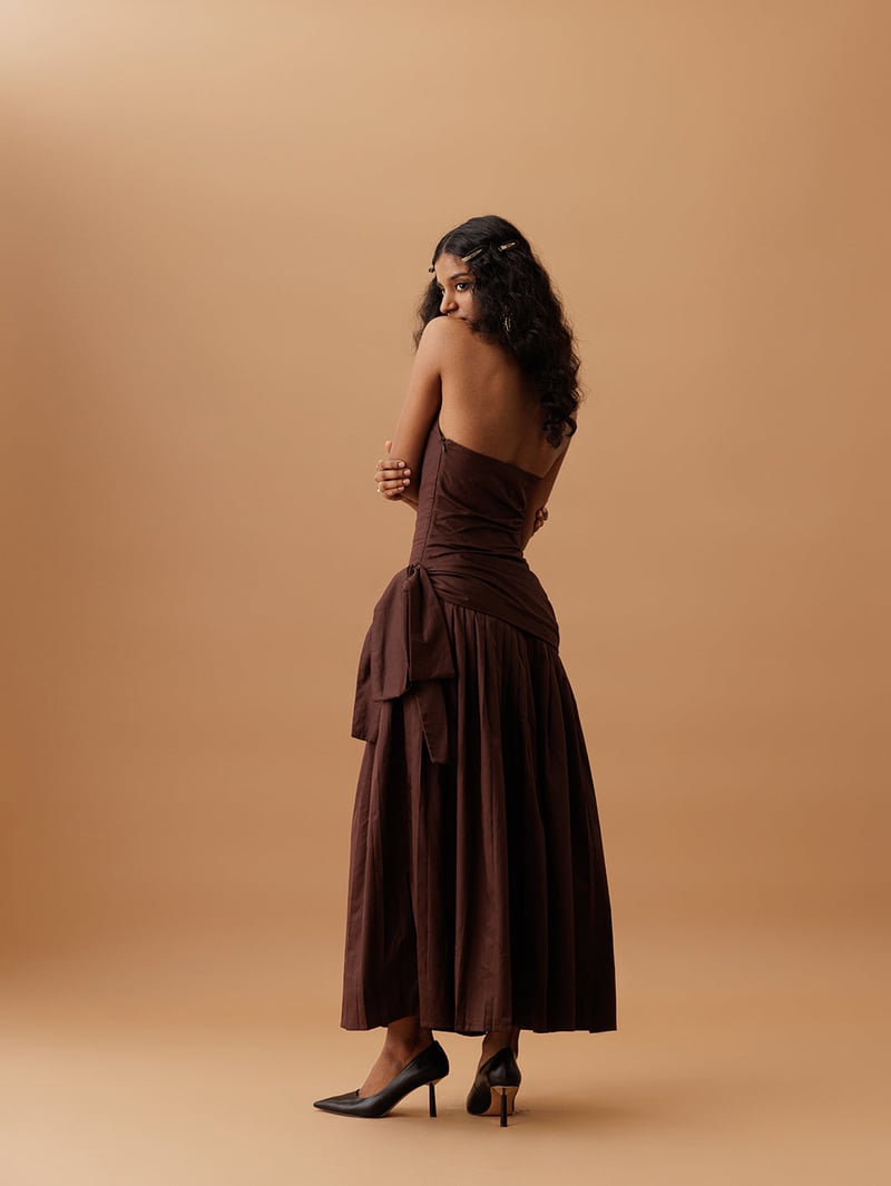 Brown Strapless Pleated Midi Dress with Side-Tie Drape