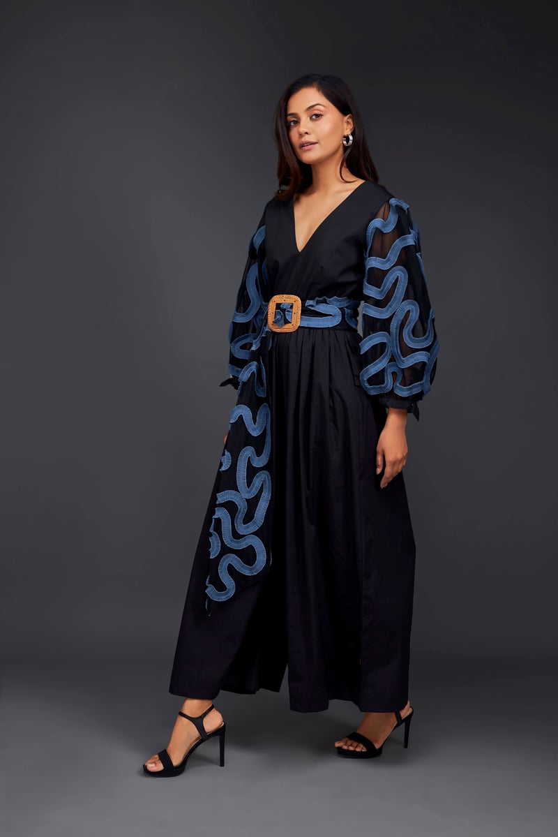 Black and Blue Applique Culotte Jumpsuit