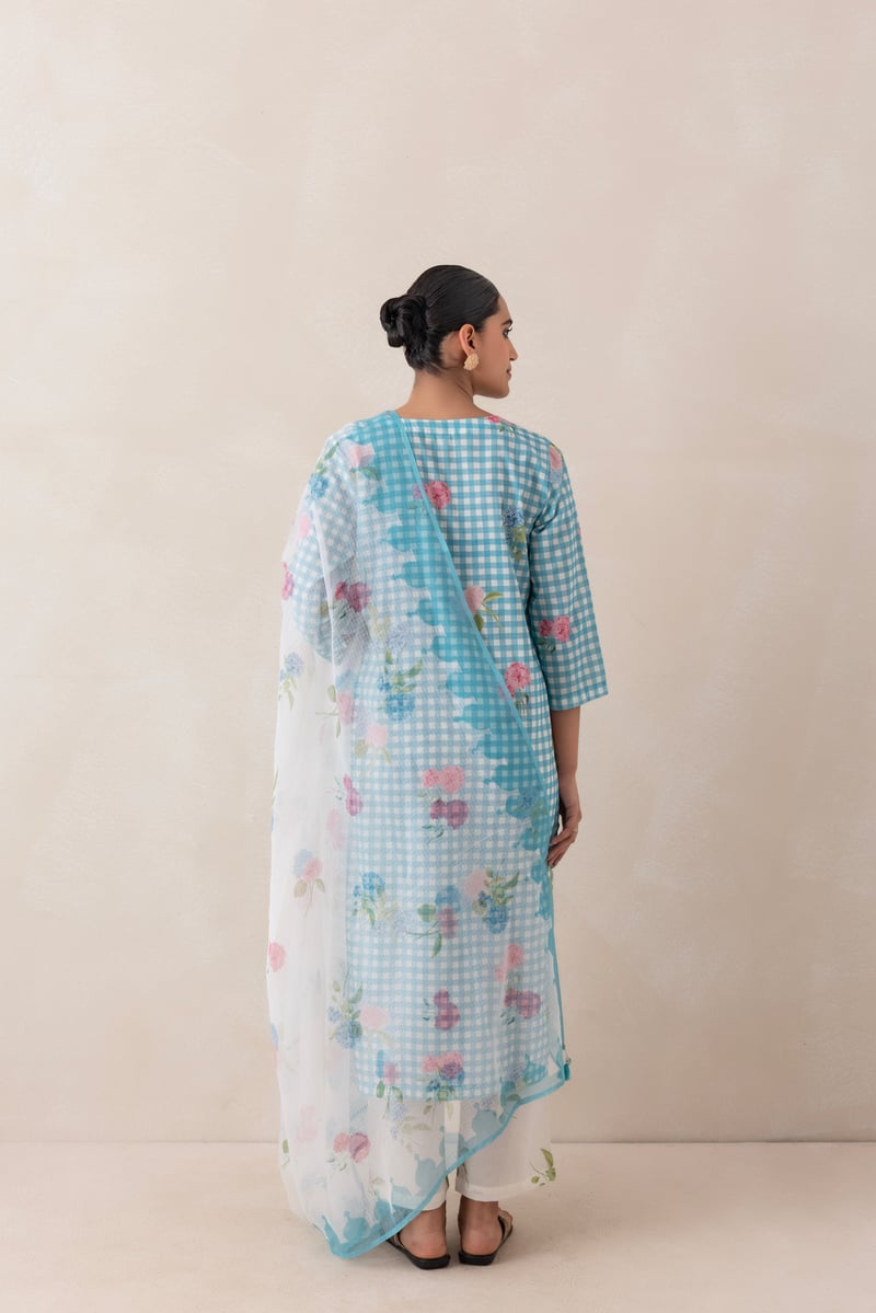 Pastel Turquoise Gingham Printed Cotton Kurta Set