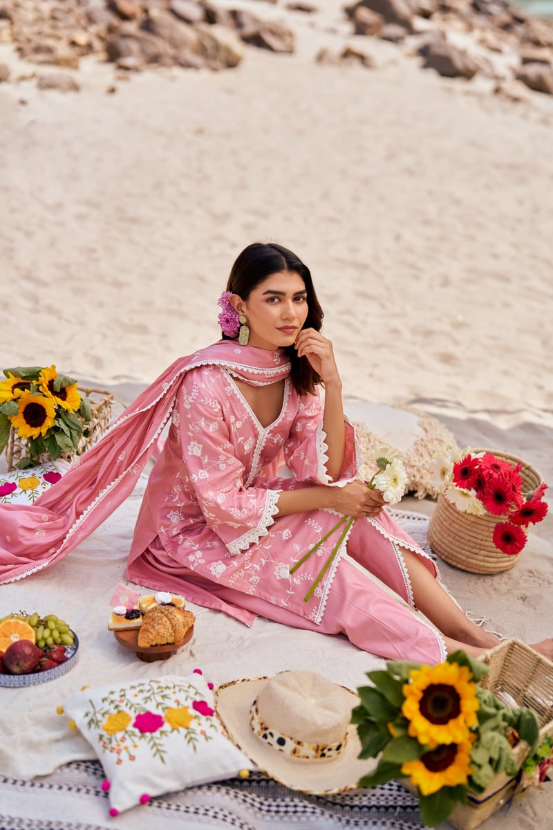 Pink Cotton Embroidered Kurta Set with Lace Trim