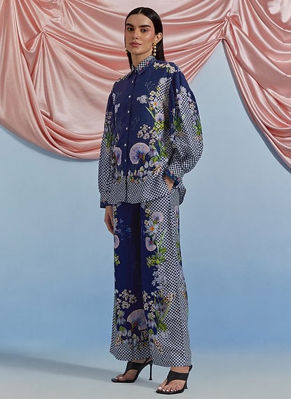 Airforce Blue Floral Shirt and Wide-Leg Co-ord Set