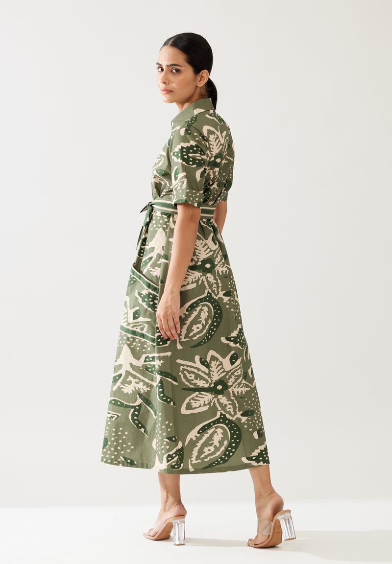 Green And Cream Floral Shirt Dress