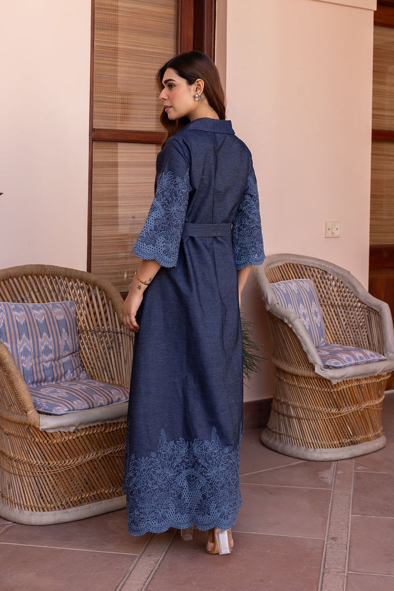 Blue Denim Maxi Shirt Dress with Belt and Cutwork Hem