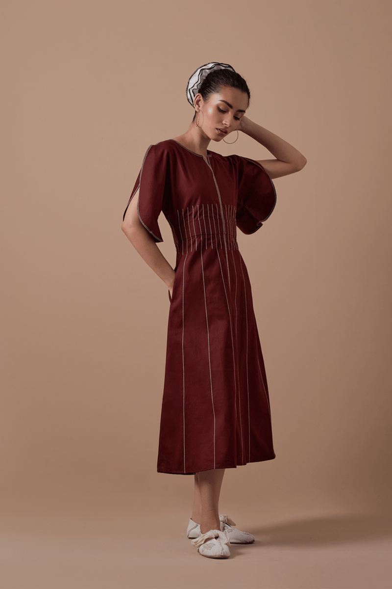 Maroon A-Line Midi Dress in Organic Cotton Twill