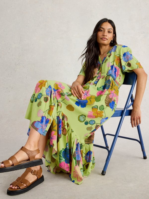 Green Floral Button-Through Tiered Midi Dress