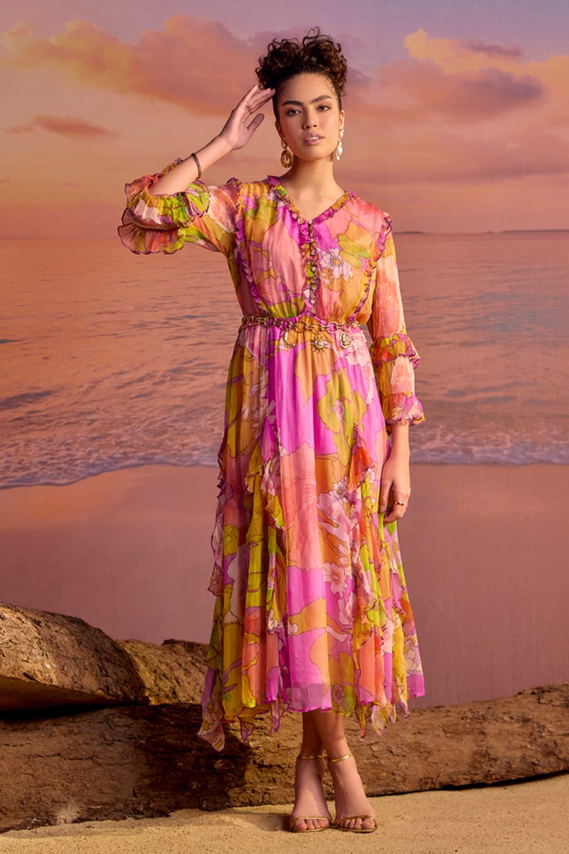Yellow/Pink Printed Chiffon Tiered Midi Dress