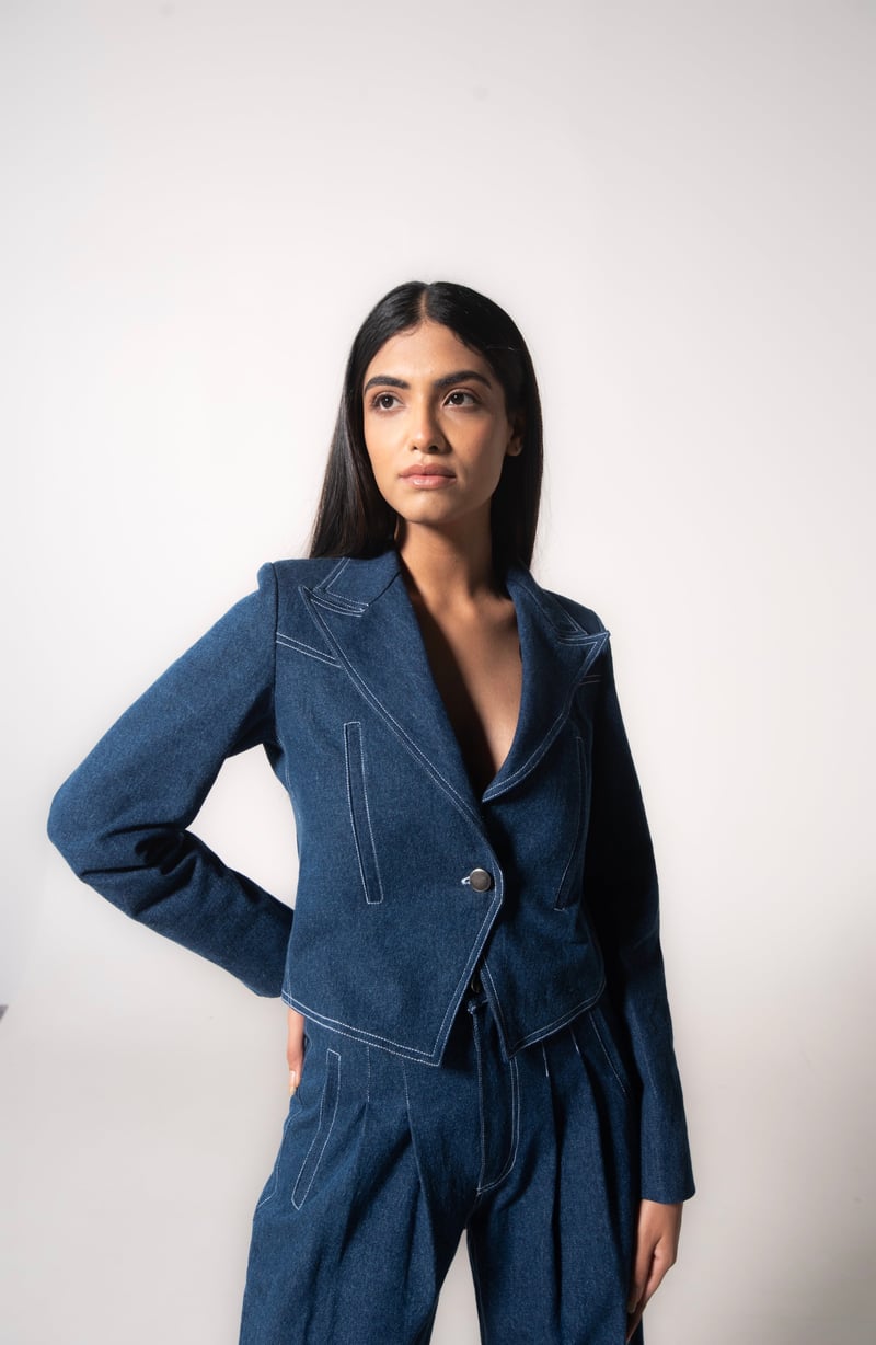 Blue High-Rise Straight-Leg Pleated Denim Trousers