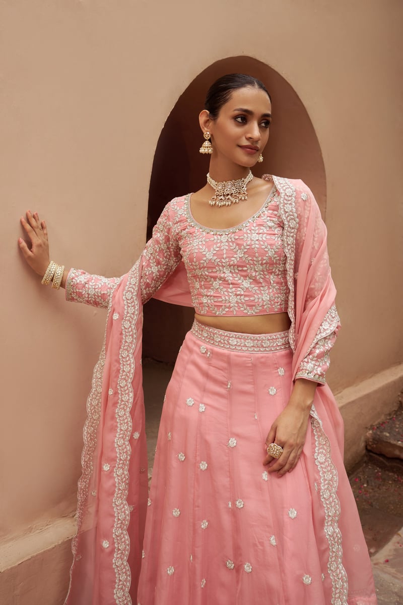 Pink Organza Embroidered Lehenga Set with Dupatta