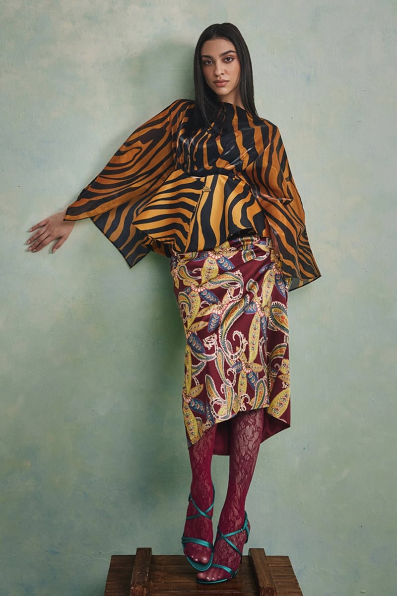Black/Yellow Zebra Print Cape Sleeve Flared Top