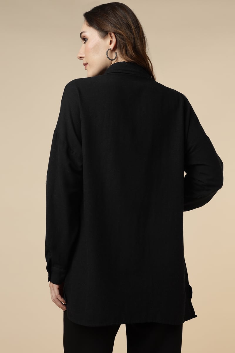 Black Longline Shirt with Silver Sequin Motifs