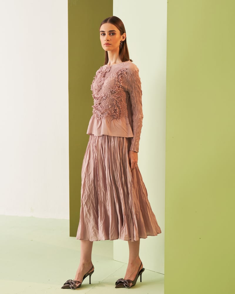 Nude 3D Floral Peplum Top and Midi Skirt Co-ord Set