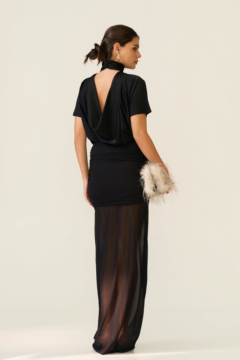 Black Ruched High-Waist Sheer Mesh Overlay Maxi Skirt
