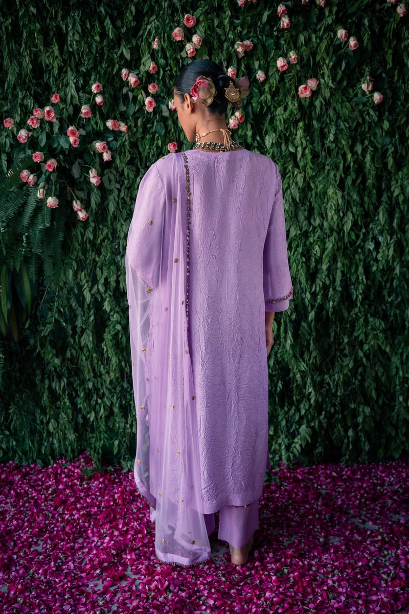 Lavender Crushed Silk Embroidered Kurta Set with Dupatta