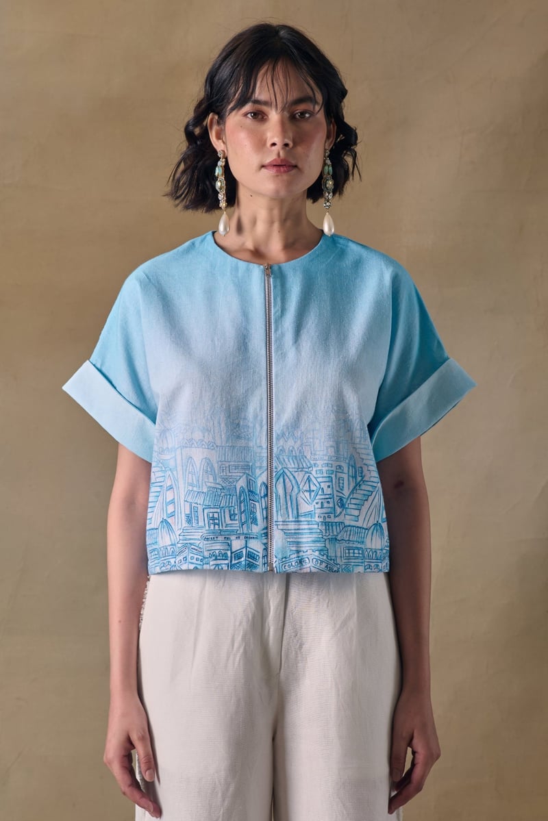 Blue Landscape Printed Zip-Front Cropped Kimono Top — Pocketful Of Cherrie