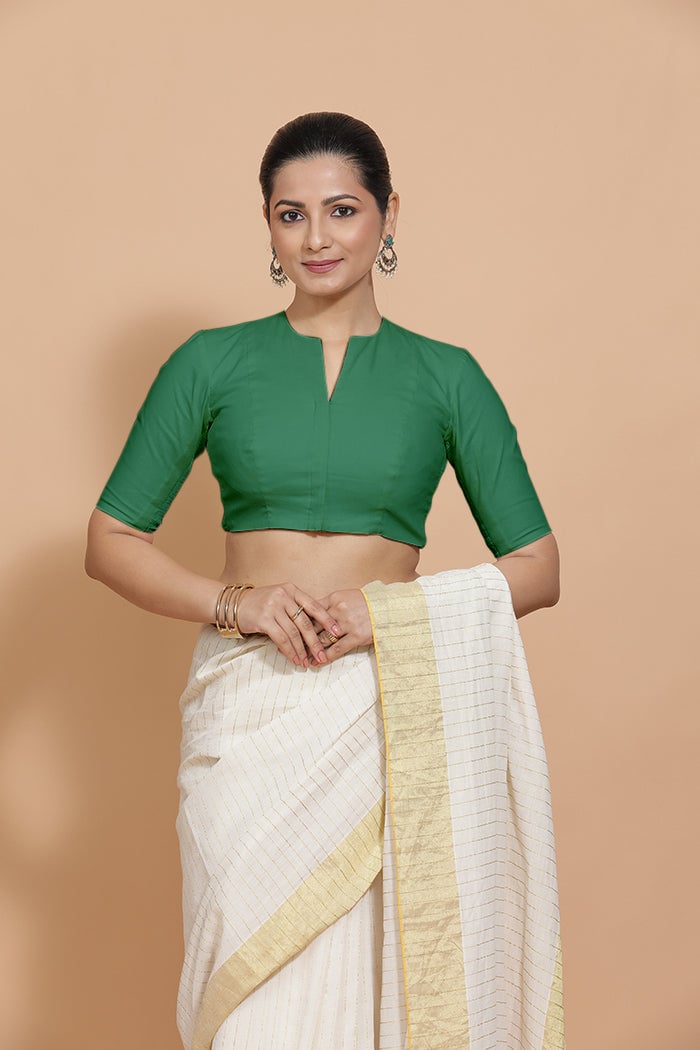 Castleton Green Cotton Saree Blouse with Elbow Sleeves
