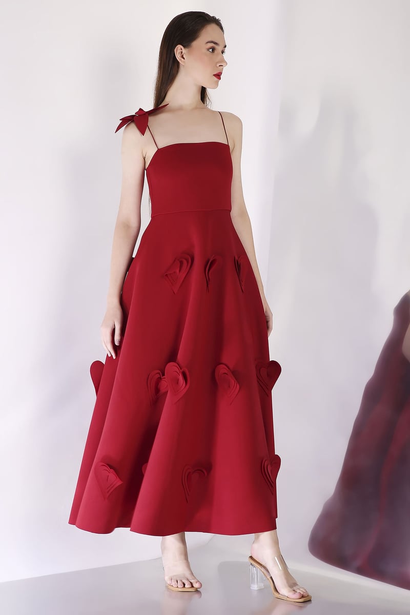 Red Fit and Flare Midi Dress with 3D Heart Applique