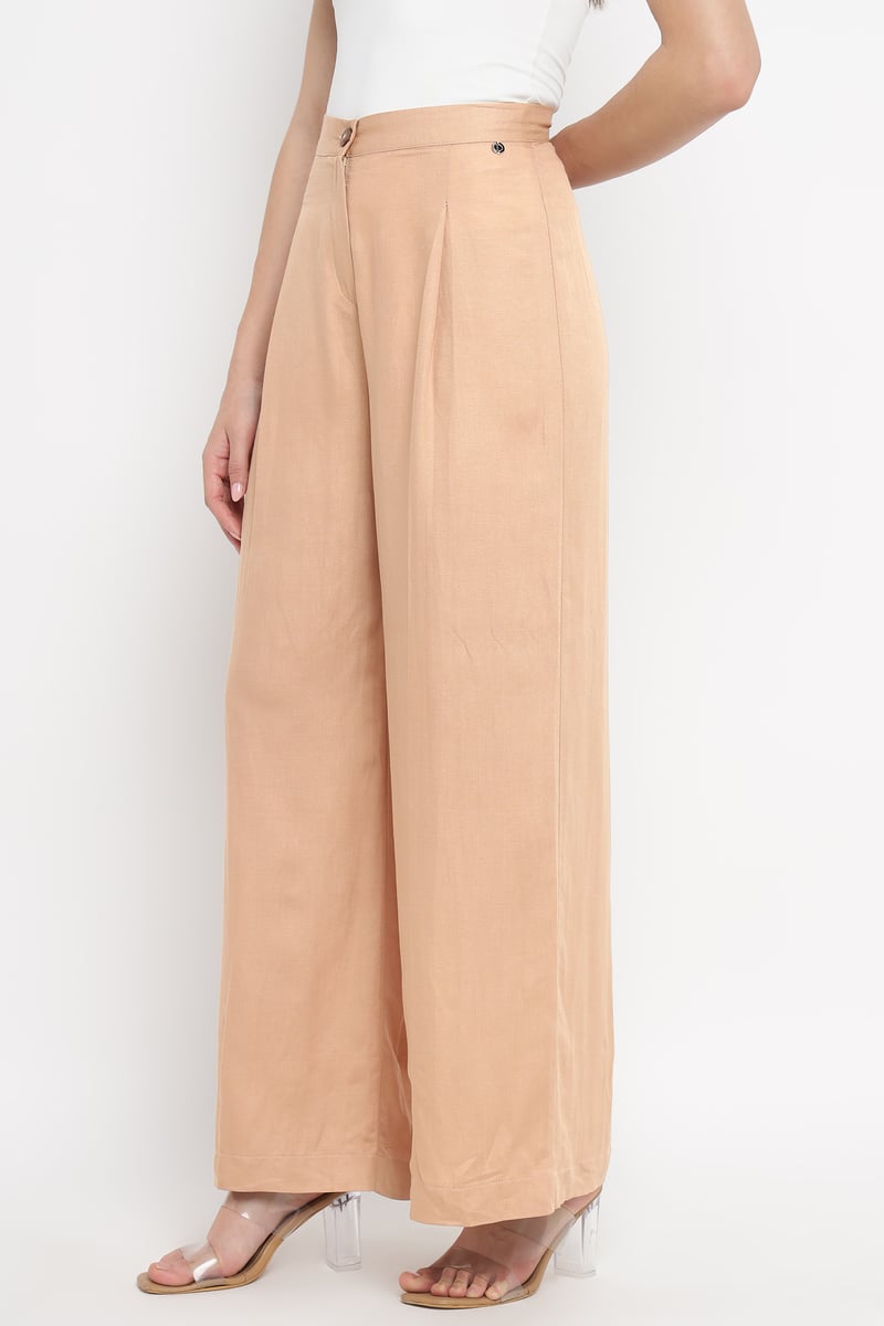 Beige High-Waist Wide-Leg Pleated Trousers