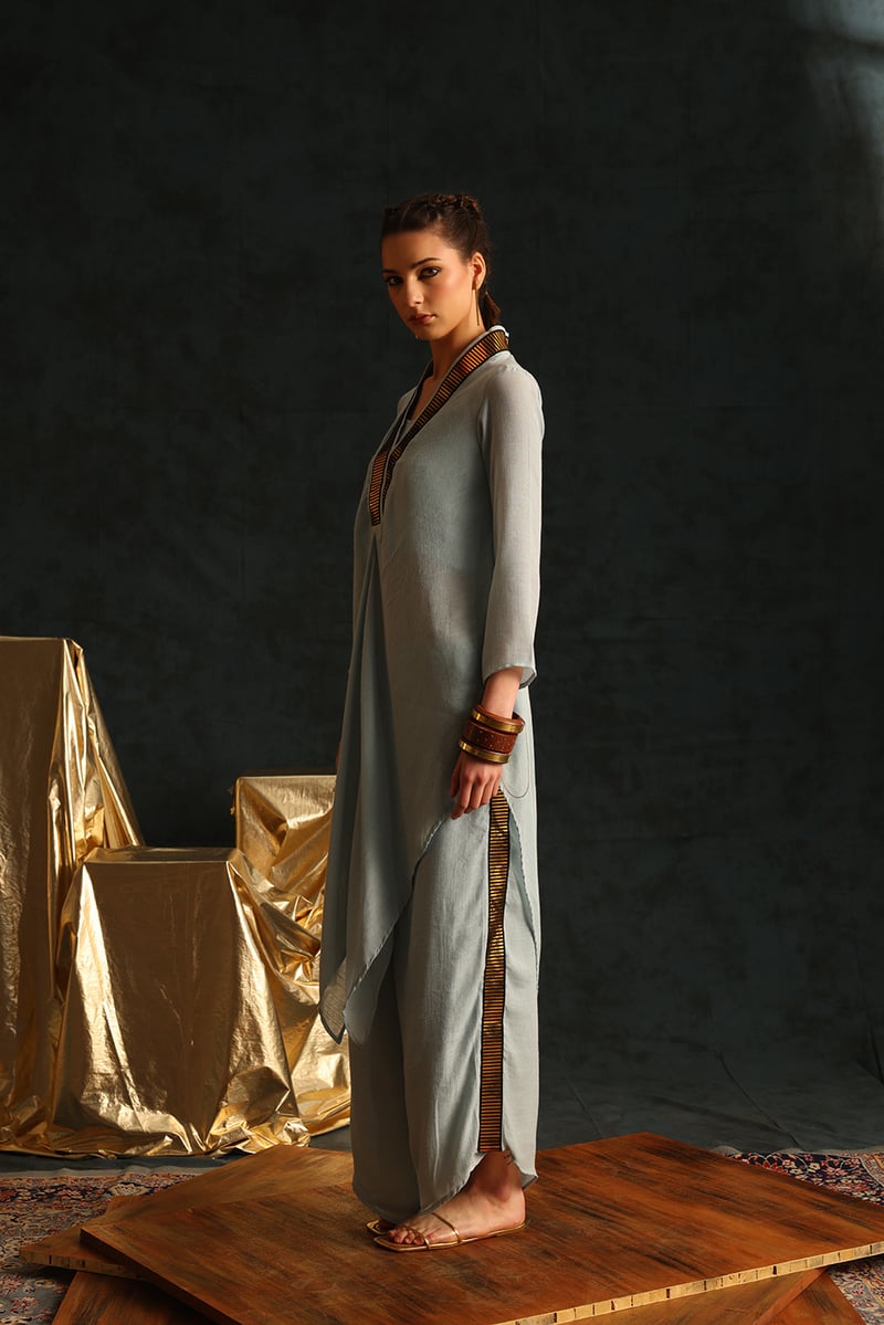 Light Blue Foil-Trim V-Neck Tunic and Pant Co-ord Set