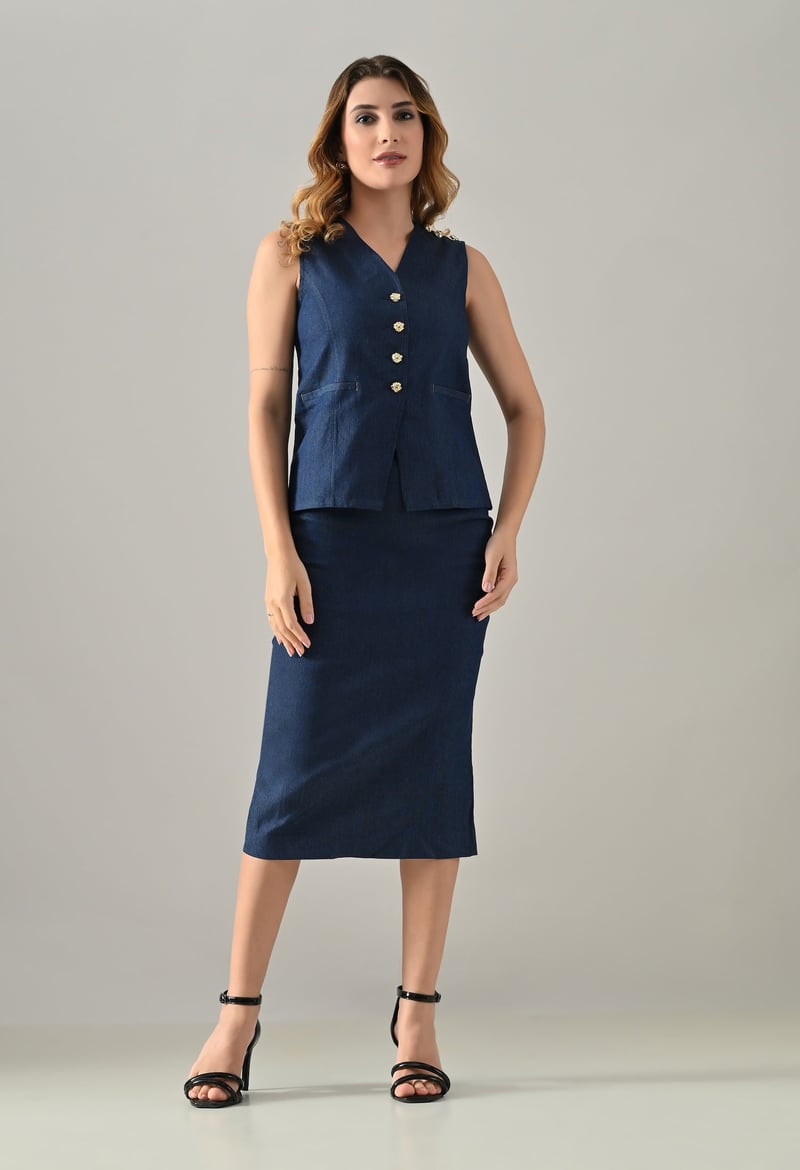 Blue Denim Waistcoat and Midi Pencil Skirt Co-ord Set — ANYSA