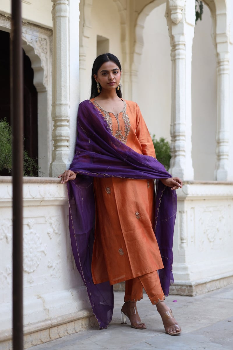 Rust Orange Zardozi Yoke Chanderi Silk Kurta Set