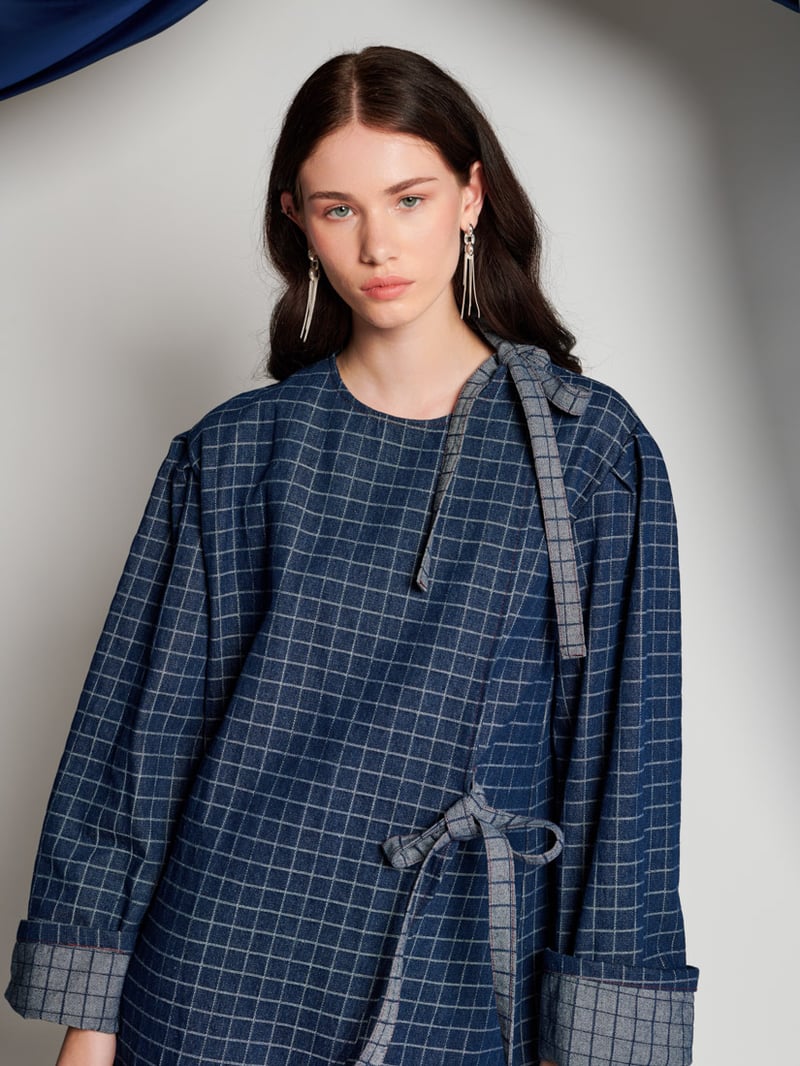 Blue Checked Oversized Wrap Mini Dress
