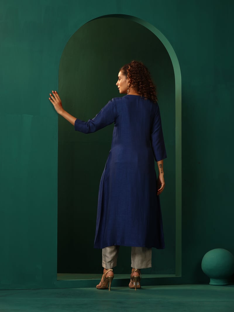 Blue Silk-Blend Angrakha Kurta and Pant Set