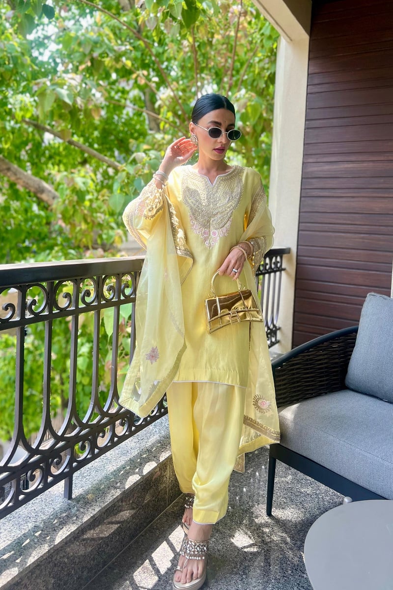 Lemon Yellow Embroidered Short Kurta with Salwar Set