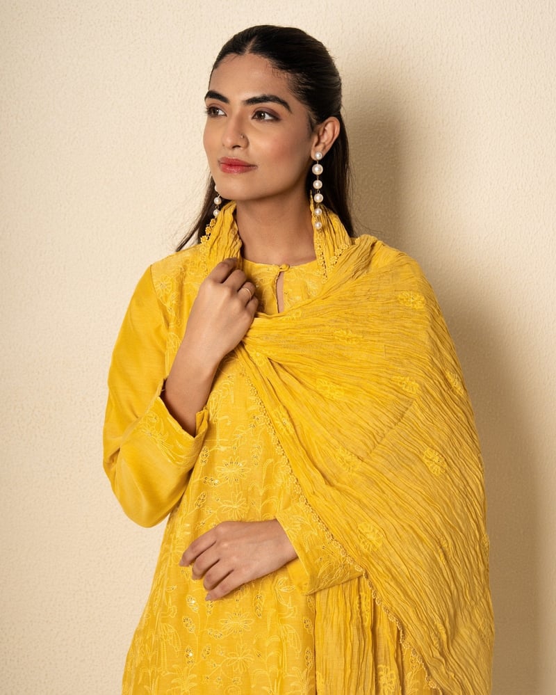 Golden Yellow Chanderi Yellow Floral Embroidered Suit Set (Set Of 3)