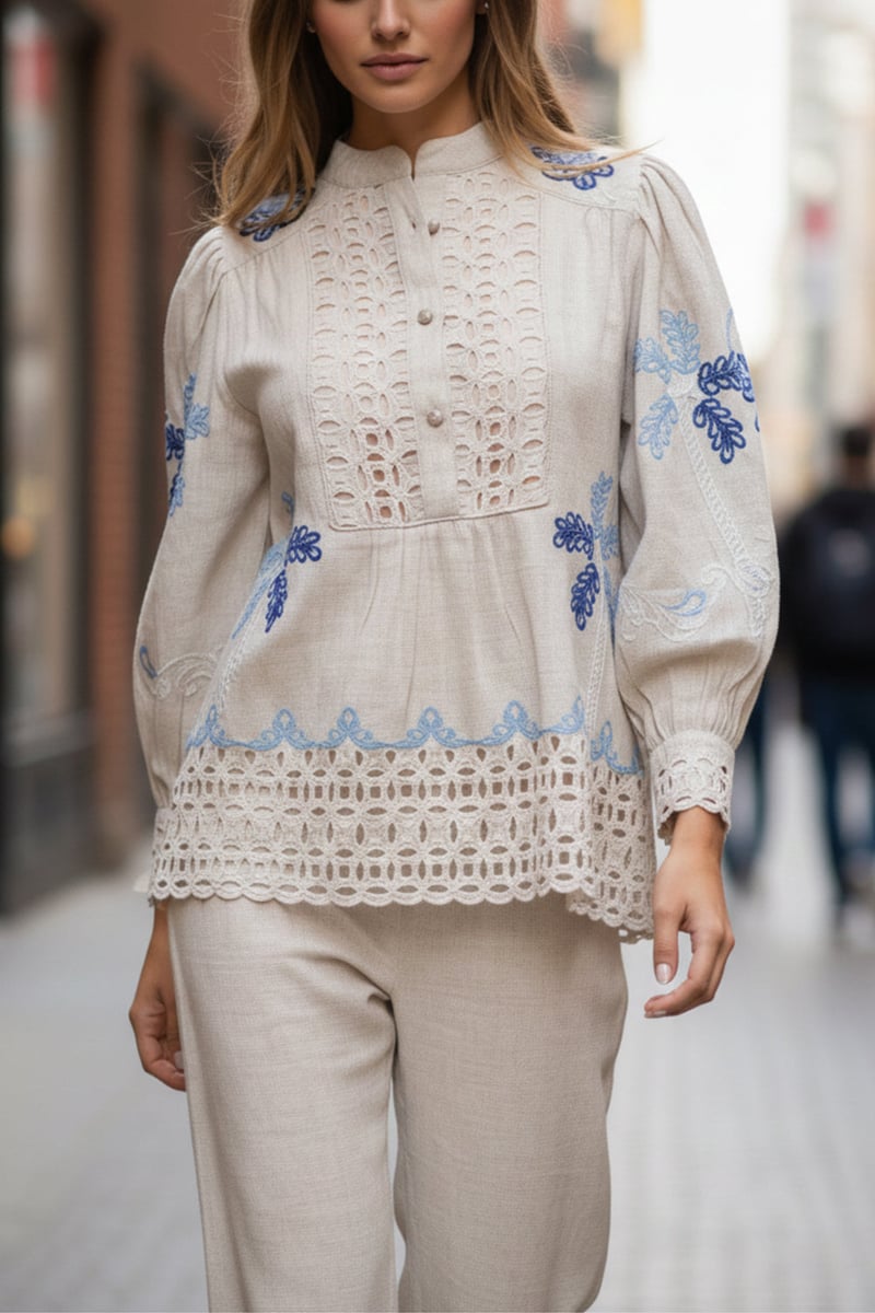 Cream Linen Embroidered Co-ord Set with Wide-Leg Pants