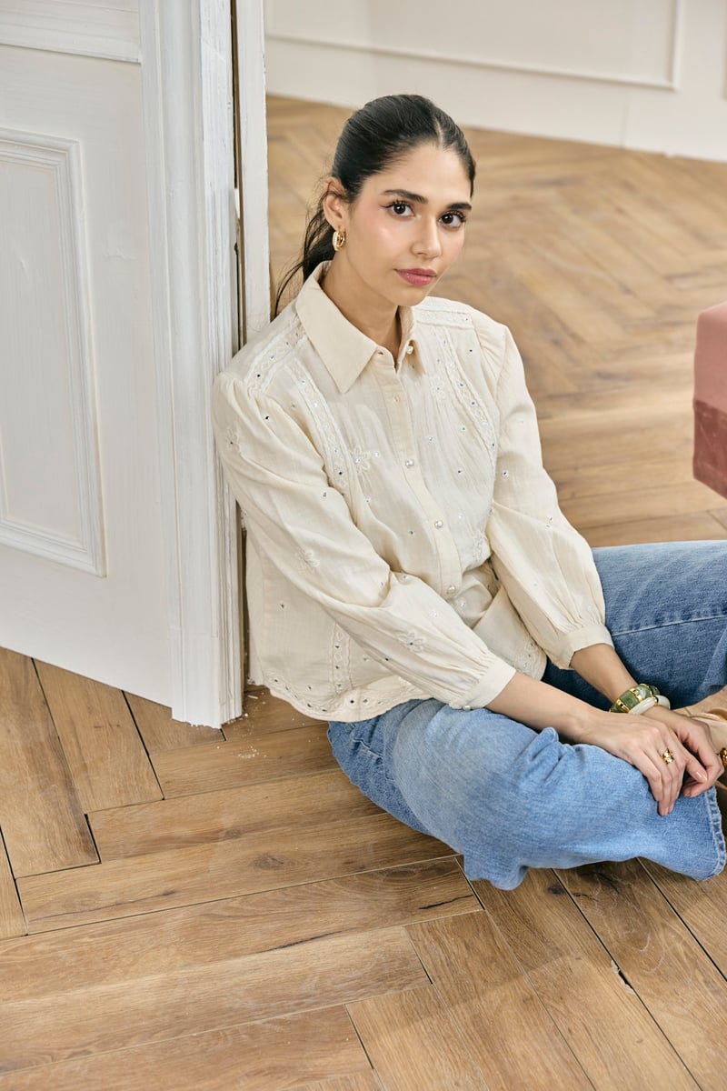 Off-White Mirror Work Embroidered Button-Down Shirt