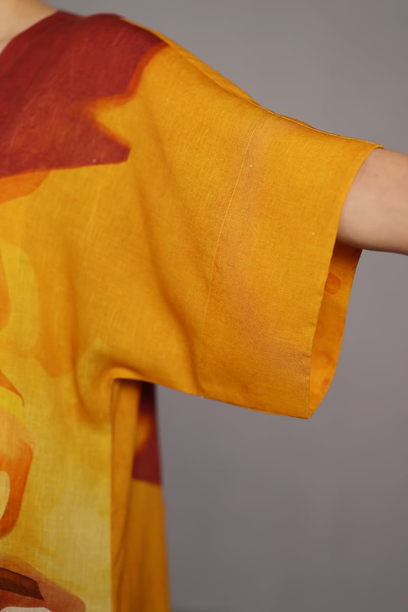 Ochre Abstract Printed Linen Maxi Dress
