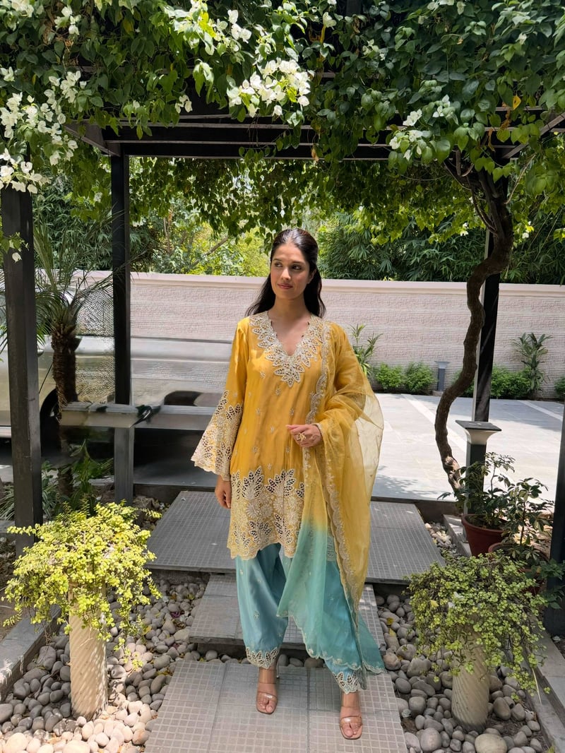 Yellow and Blue Embroidered Kurta Set with Dupatta — TASUVURE
