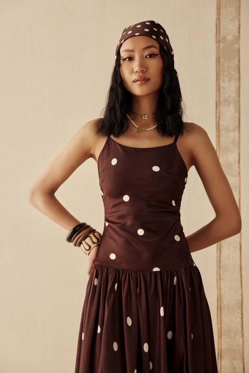 Brown Polka Dot Maxi Dress with Smocked Back