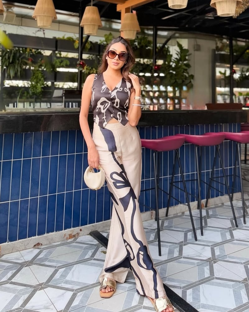Beige and Black Abstract Print High-Waist Wide-Leg Trousers
