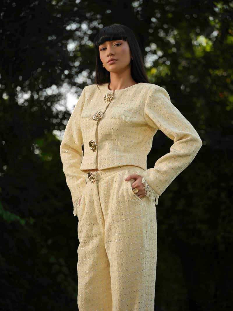 Butter Yellow Tweed Jacket and Straight Pants Co-ord Set
