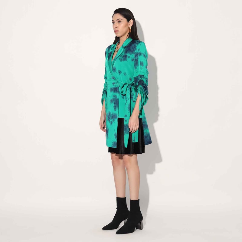 Green Tie-Dye Satin Wrap Jacket Dress