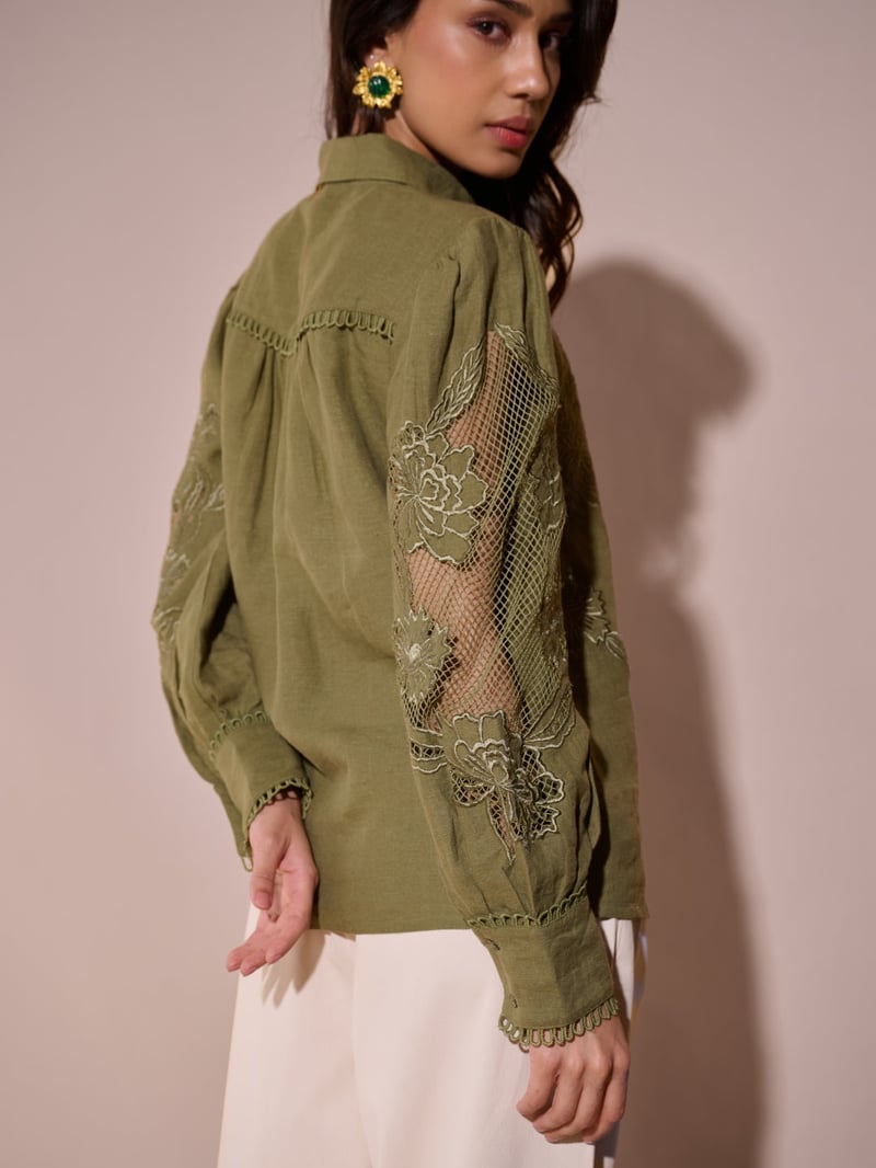 Green Linen Shirt with Sheer Lace Yoke and Sleeves