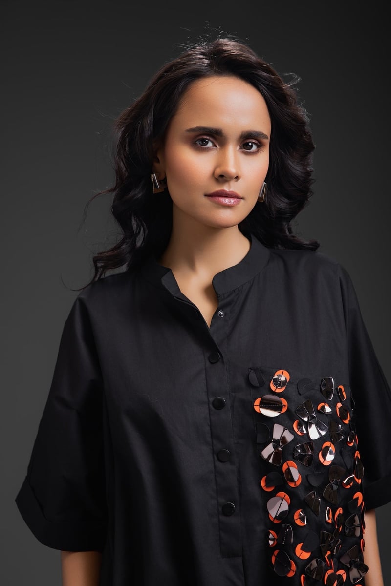 Black Relaxed Fit Mini Dress with Embellished Pocket