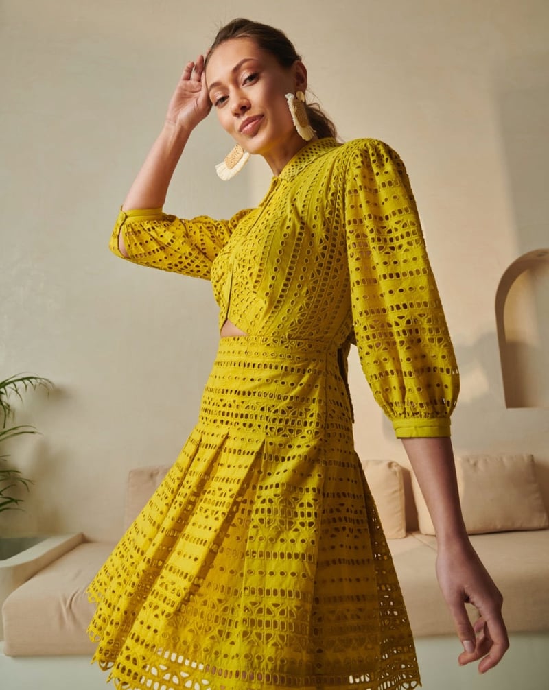 Lime Green Schiffli Cutwork Fit and Flare Mini Dress